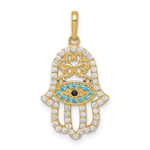 14K Yellow Gold Multi-colored CZ Hamsa Hand of God Charm Necklace Pendant - Picture 1 of 3